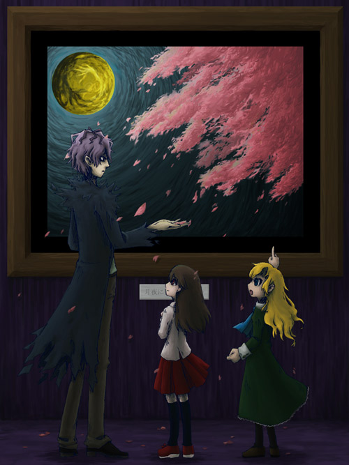 Garry talking to Ib and Mary in front of the Fleeting Thoughts on a Moonlit Night painting.