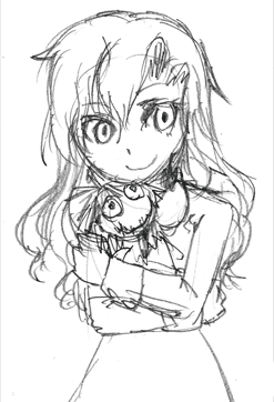 Sketch of Mary holding a doll.