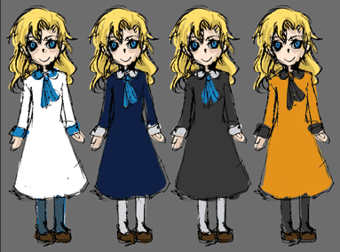 Same colored sketch with various colored dresses: white, blue, gray, orange.