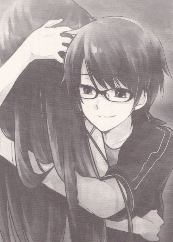 Illustration of the narrator smiling and giving Semiko (who's facing away) a full-body hug.