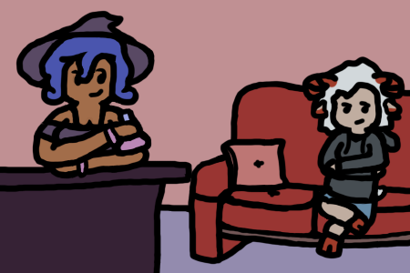 Cassia at her counter, holding a potion, and the kid sitting on an opposing sofa with arms folded.