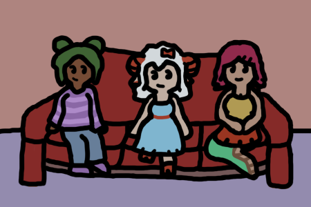 Wren, Lily, and Violet sitting on a sofa together.