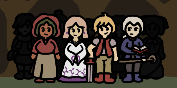 Four people lined up together in the woods. In the center are a blond hero-esque man posing with a sword piercing the ground, and a demure woman in white robes with pink hair. To the sides are a dark-green-haired woman with a red hood, and a white-haired man holding a book and a staff. Behind these are silhouettes of five other people.