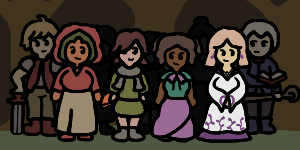 A group of people lined up together in the woods. In the center are Harley and Sophia, glancing at each other. To their sides are Yulren and Courtney. Somewhat obscured on the far ends are Atticus and Cyrus. Behind them all are silhouettes of three more people.
