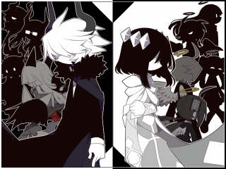 Kcalb and Etihw back to back, with their associated angels/demons further behind them, some silhouetted.