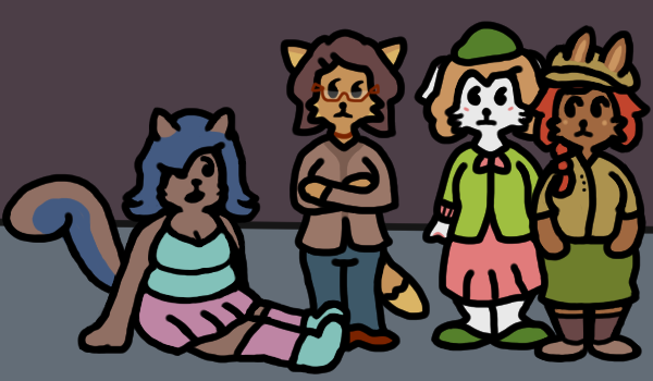 Cecilia, an anthropomorphic squirrel with blue hair and a big bushy tail, sitting stunned on the floor and looking up at Meyer, Lina, and Rena.