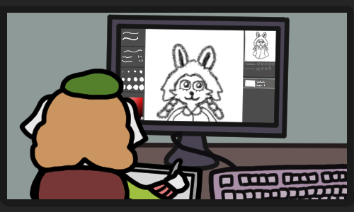 Lina sitting and doodling a rabbit on her computer. The edges of a gray monitor can be seen around the scene.