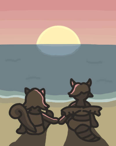 Cecilia and Ferah sitting at the shore of a beach, holding hands, silhouetted by the sunrise.