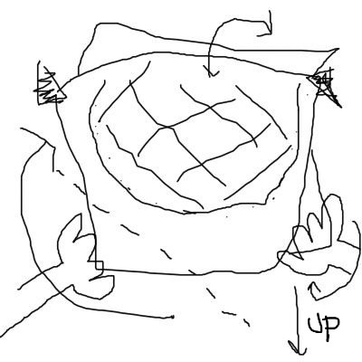 Another diagram with roughly the same 'burger on some paper' layout. Crudely-drawn hands hold the bottom-left and bottom-right corners respectively. An arrow curves around the bottom-left corner, and a dotted line crosses diagonally across the paper. In the bottom-right is a down arrow with 'up' written next to it.
