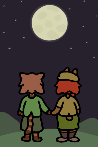 A back view of Lily, an anthropomorphic cat, holding hands with Rena, an anthropomorphic rabbit, standing on a hill and looking up at the moon and stars.