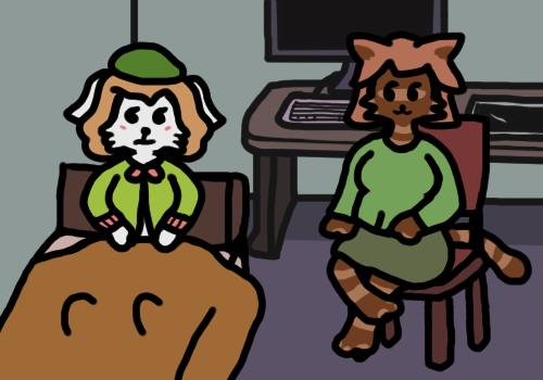 Lily, an anthropomorphic brown cat with stripes, sitting in a chair crossing her legs by Lina's bed, while Lina, an anthropomorphic white rabbit, sits up in bed, gripping the covers. Lina's computer and drawing tablet can be seen behind Lily.