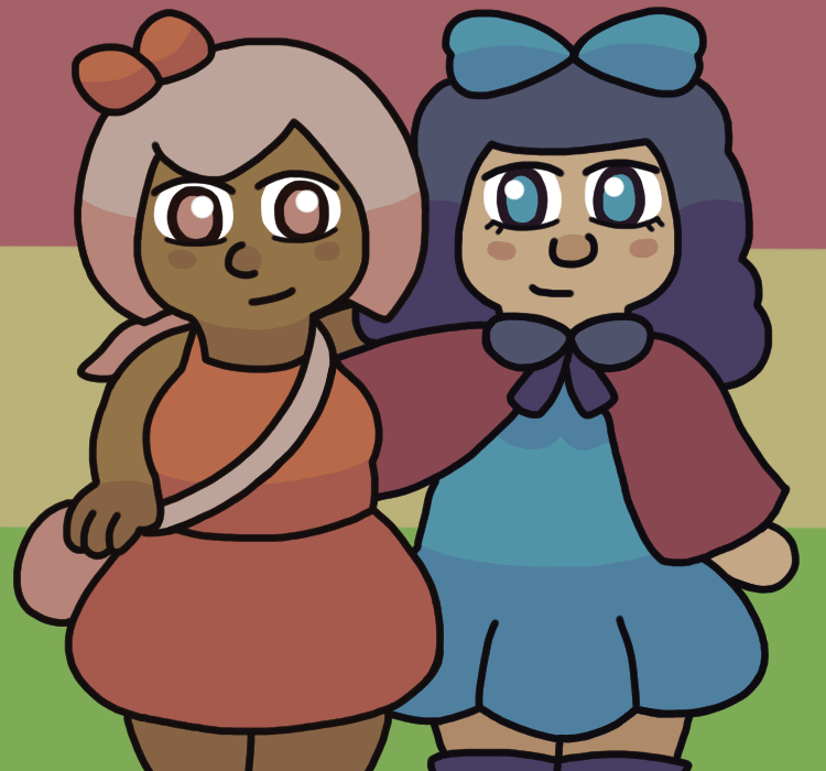 Asha and Brooke, the young girls from my game All To Get Her, facing slightly away but looking toward each other fondly, each with an arm around the other. Asha wears a small red bow on her head, a crossbody bag, and a reddish-orange dress. Brooke wears a big blue bow on her head, a short red cloak that covers her arms, a puffy light-blue dress underneath, and large boots.