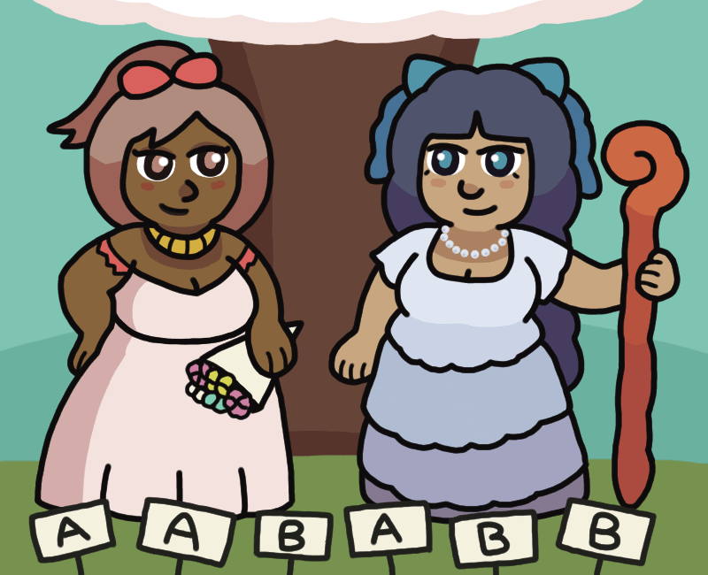 Asha and Brooke, now young adults, standing together at their wedding beneath a pink tree, looking determined but also blushing. An off-screen crowd holds up signs reading either "A" or "B" in equal number. Asha has her hair up in a ponytail, wears a gold necklace and light-pink wedding dress, and holds a bouquet. Brooke has waist-length fluffy hair, wears a pearl necklace and light-blue layered dress, and holds a large staff. Asha and Brooke, now young adults, standing together at their wedding beneath a pink tree, looking determined but also blushing. An off-screen crowd holds up signs reading either "A" or "B" in equal number. Asha has her hair up in a ponytail, wears a gold necklace and light-pink wedding dress, and holds a bouquet. Brooke has waist-length fluffy hair, wears a pearl necklace and light-blue layered dress, and holds a large staff.