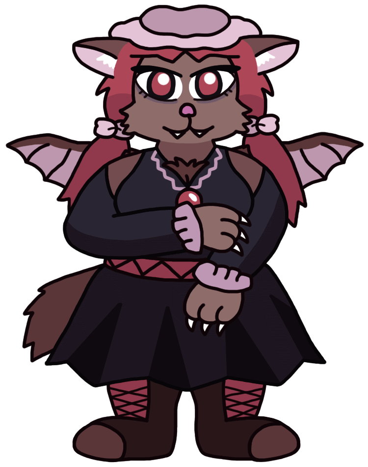 An anthropomorphic bat-like lady giving the viewer an intimidating look with her sharp red eyes and bared claws. She wears a floppy mob cap, a black shoulderless top with pink ruffled cuffs, a belted skirt, and big lace-up boots.