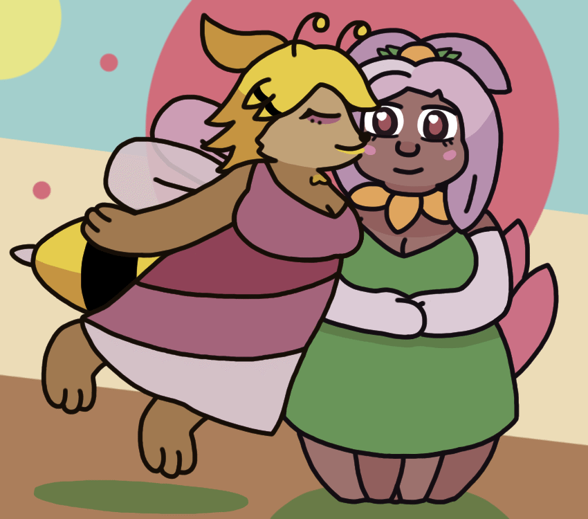 An anthropomorphic, fairy-like bee girl hovering in the air and kissing the cheek of a blushing anthropomorphic flower girl. The bee has antennae, a typical bee abdomen in back, a ponytail that flutters up, yellow and black lipstick, and a loose purple dress. The flower girl has lavender-pink hair that's leaf-like in places, a ring of petals around her neck, large pink petals sticking up in back, and numerous root "legs" that stick into the ground.