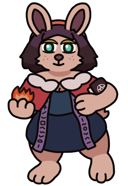 An anthropomorphic bunny woman with tired eyes, cradling a magic book in one arm, holding a flame in her open paw, and leaning forward on one foot. She wears a hairband, a short cape, and ribbons decorated with random shapes hanging down her dress. An anthropomorphic bunny woman with tired eyes, cradling a magic book in one arm, holding a flame in her open paw, and leaning forward on one foot. She wears a hairband, a short cape, and ribbons decorated with random shapes hanging down her dress.