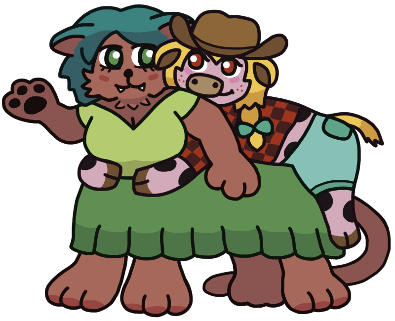 An anthropomorphic cow girl laying along the back of, and hugging from behind, a cat-like taur girl. The cat-taur looks back toward her with a blush, her arms raised to let the cow girl's arms around her waist. The cow girl, clinging to her with a smile, wears a brown cowboy hat and a red flannel shirt, and has blonde hair in braids.