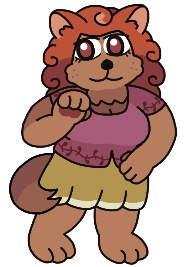 An anthropomorphic lion-dog-like woman, holding up a paw and curling it in a welcoming or beckoning gesture. She has red-orange hair full of curls, wears a purple top with vine-like designs, and her tail curls around the side of her skirt.