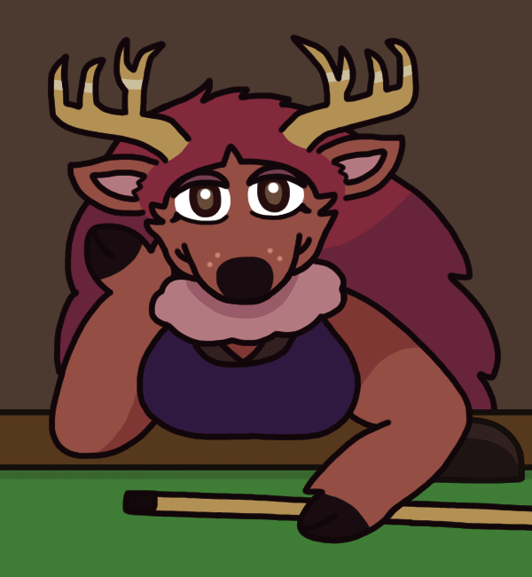 An anthropomorphic deer woman leaning on the edge of a pool table, smiling a bit smugly with lidded eyes and one hoof on a pool cue. She has shiny yellow antlers and large bushy red hair hanging behind her.