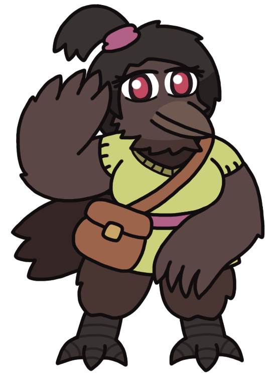 An anthropomorphic crow woman wearing a cross-body mailbag, standing firm and raising her wing in a greeting. She has a ponytail tied up with a pink scrunchie, wears a green garment with a short skirt, and has fuzzy legs that end in talon feet.