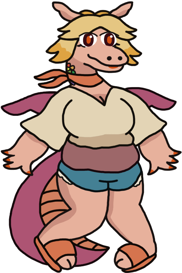 An anthropomorphic dragon in a breezy, carefree pose. She has a long neck with some rainbow-colored scales, and a bandana tied around it. Her big clawed hands splay out of a loose top. She has short shorts, sandals, and a large purple tail.