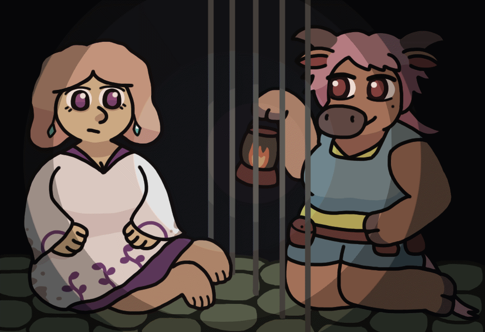 Yulren Adorna, a woman wearing white mage robes (now a bit stained) with purple vine designs, sits with her legs askew on a stone floor, behind bars in a dark dungeon. Her eyes are tired and her hair is a bit frazzled, but she looks with stunned surprise at Milly, a large anthropomorphic cow woman with horns, who's kneeling down on the other side of the bars, holding up a lantern to illuminate them both, and gazing at Yulren gently. Also, Yulren is wearing crystal earrings, and Milly has a belt with some pouches attached to it.