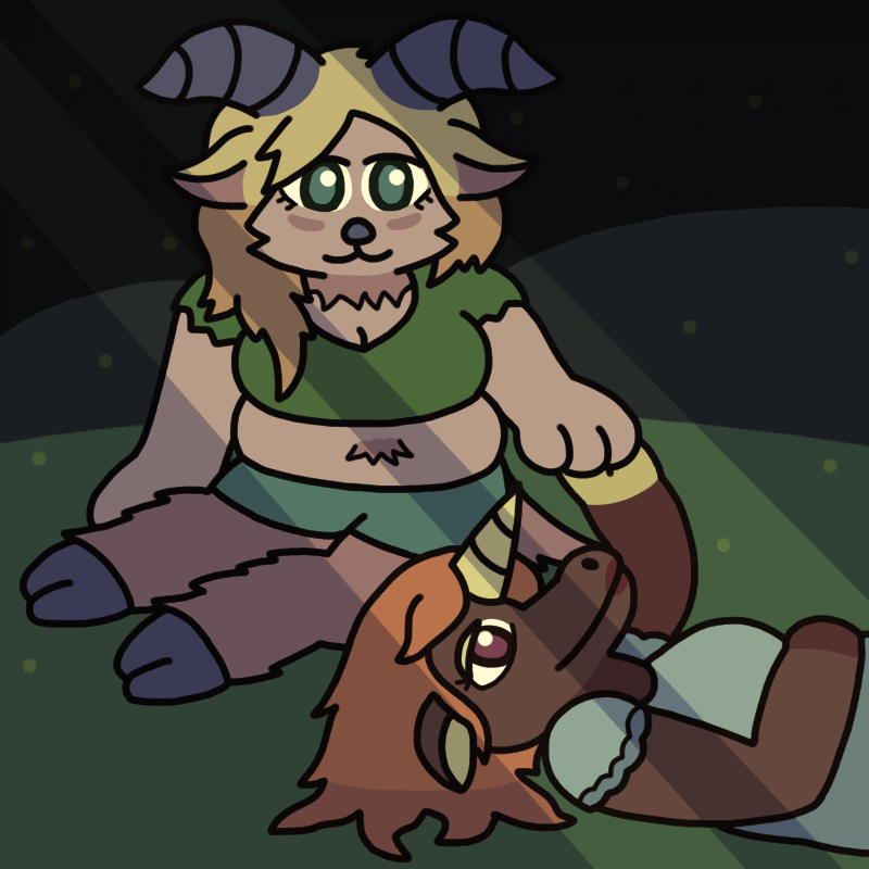 A faun woman sitting next to and holding the hoof of an anthropomorphic unicorn woman lying down on the ground, both smiling at each other lovingly. They appear to be in some kind of shaded grove with beams of sunlight streaming in. The faun has large horns, tousled hair that's longer on the right side, and fuzzy goat legs lying to one side. The unicorn's hair hangs around her ears and horn and splays across the ground, and she wears lipstick and a frilly blue dress.