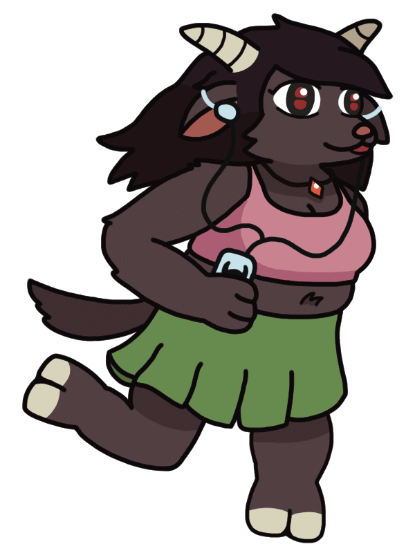 An anthropomorphic goat woman jogging actively while listening to music. Her red eyes are vertically split in a way reminiscent of a goat's eyes, and she has dark fur and long black hair. She has earbuds "strapped" to her ears, connected by a split cord to the music player in her paw, and wears a crystal-shaped necklace that's bouncing as she runs.