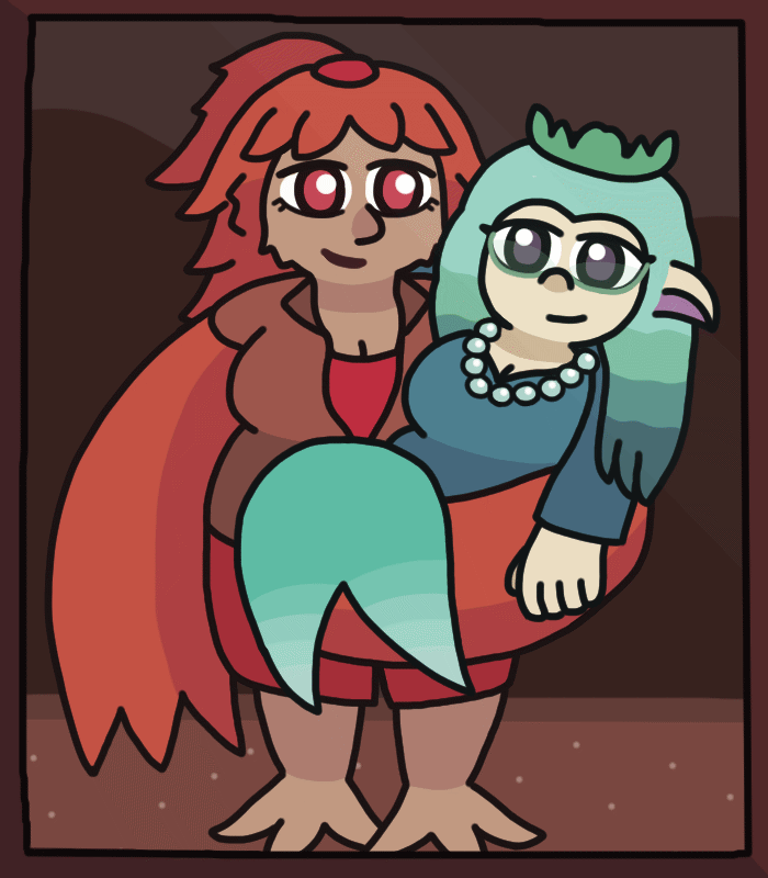 A framed photo of Harmony (AKA Har), a bird-woman, carrying her wife Irma, a mermaid, by cradling her in a large wing. Irma has one arm around Harmony's neck, and the other arm and her mermaid tail hang over the wing. Harmony wears a jacket over a red dress and has talon-like feet. Irma has drooping pointy ears, blue hair with a color gradient, and wears glasses, a tiara, and a pearl necklace.