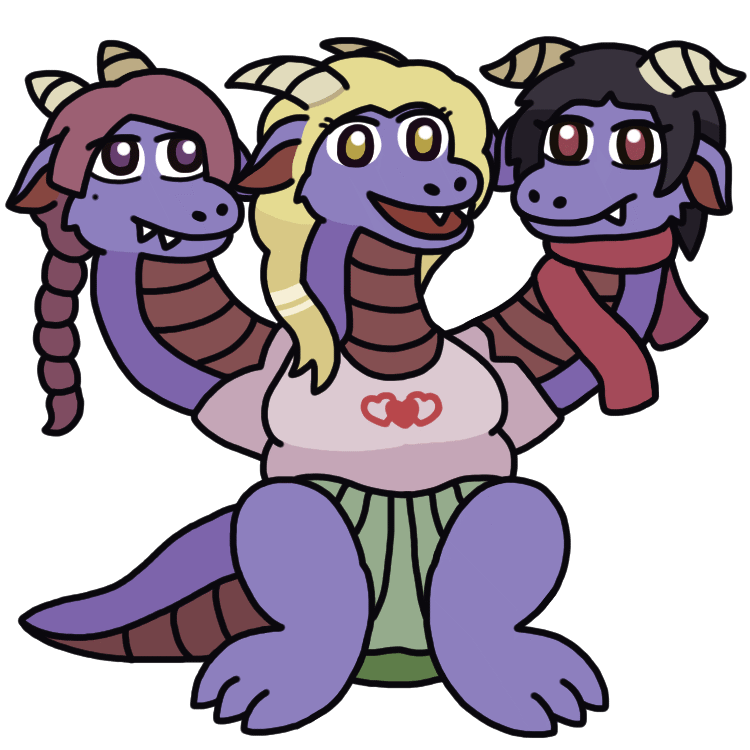 Three anthropomorphic-dragon sisters whose long-necked heads come out of a single body squatting on the ground, with the left and right heads coming out of sleeves as if they're arms. The center sister, with long blonde hair, has a gleeful expression. The viewer's-left sister, with a long braid hanging down, has a sedate expression. The viewer's-right sister, with short black hair and a scarf wrapped around her neck, has a smug expression.