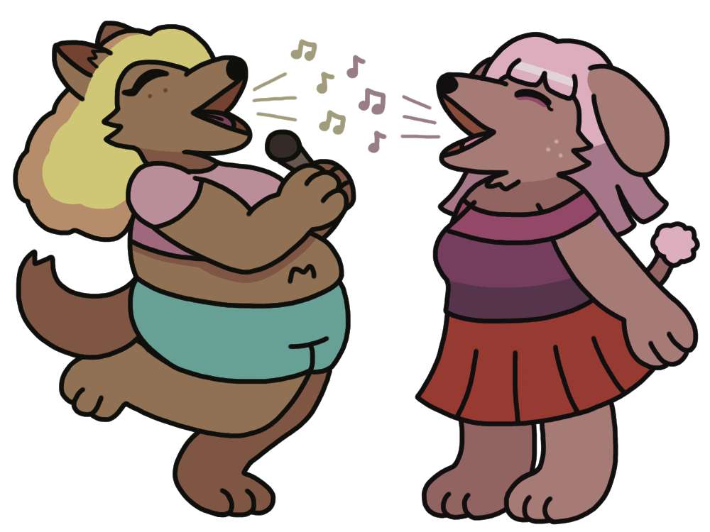 Two anthropomorphic dog-like women happily singing karaoke together, barking out the notes with snouts open wide. The left one is more wolf-like and has puffy blonde hair, clasping a microphone in both paws and lifting one foot behind her. The right one is somewhat poodle-like with pink hair, and stands up tall with her arms extended behind her.