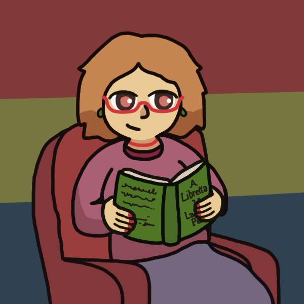 A drawing of Kay from Libretta sitting in a chair, reading a book titled Libretta.