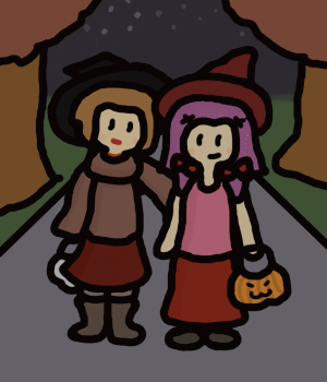 Kay and Lauren on Halloween standing on a road, dressed as witches. Lauren has purple-ish hair and a pink tanktop, while Kay has her normal hair color and is wrapped up in a baggy, long-sleeved sweater.