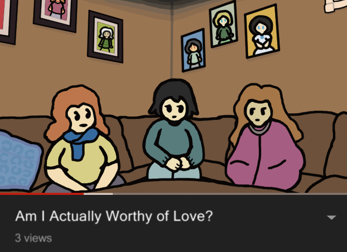 A drawn fake screenshot of a YouTube video parodying the "Is Fortnite Actually Overrated?" meme. The video is titled "Am I Actually Worthy of Love?" (with 3 views), and the three kids sitting down on couches having a discussion are replaced with the Libretta partner characters Kelly, Mik, and Kamille. The pictures on the wall are also substituted for portraits of Kendall, Kim, Chang'e, Lauren, and Kay.