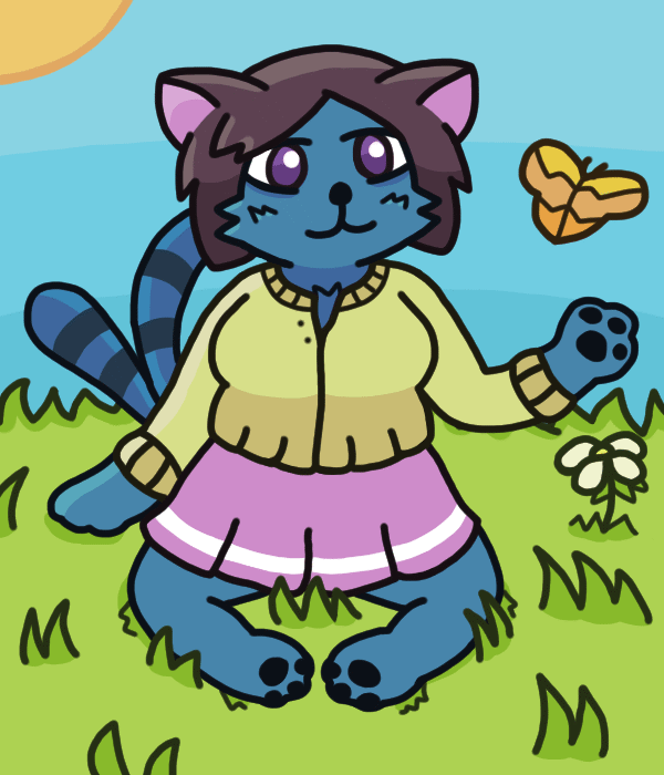 An anthropomorphic blue cat-like girl with two striped tails, sitting down on some grass under a blue sky. She has one paw down on the ground feeling the grass, and the other lazily gestures toward a butterfly that she observes with a tired smile. The sun shines down on her, giving one side of her a slight illumination. She wears a soft, long-sleeved sweater that is unbuttoned slightly and a pink skirt.