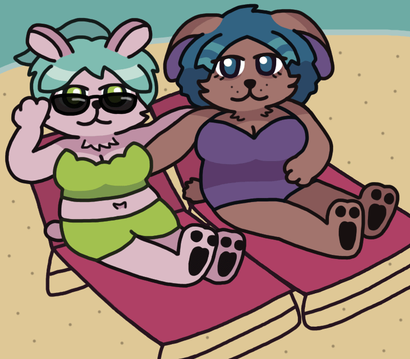 Two anthropomorphic bunny women sitting side by side in lounge chairs on the beach, each with an arm around the other. The nearer one, with ears sticking up and a two-piece swimsuit, is lowering her sunglasses to look at the viewer. The other, with droopy ears and a one-piece swimsuit, looks in her direction lovingly.