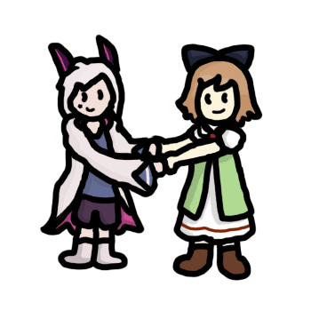 Nanashi from 1bitHeart and Pia from Faraway Story holding each others' hands.