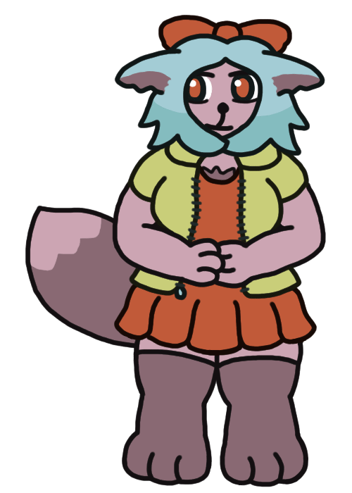 An anthropomorphic creature of some kind with dull pink fur, fuzzy ears sticking out to the side, a fox-like tail, and big paw feet. She has light blue hair that curls in on both sides, meeting below her mouth and covering the edges of her face. She peeks through with a shy smile and clasps her paws politely. She wears an unzipped yellow jacket over a red pleated dress, and thigh-high stockings.