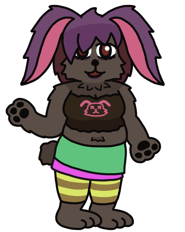 An anthropomorphic rabbit girl with a messy punk-ish style. She has large ears hanging down on either side, bangs that mostly cover one eye, and purple eyeshadow and lipstick. She wears a black band T-shirt that's been sloppily cut up into more of a tube top, with a pink logo of a dead rabbit on it. She also has two layered skirts and striped leggings with bright neon colors.