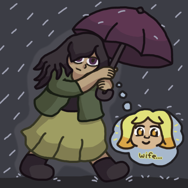 A drawing of a woman with droopy eyes and messy wet hair walking through the rain, hunched forward and clutching the shaft of an umbrella near her face. Grinning slightly, she has a thought bubble containing the beaming face of her wife, captioned with the glowing text "wife..."