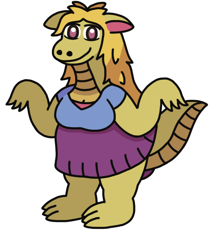 An anthropomorphic bipedal dragon woman with a long neck, messy long blonde hair, a lower body that extends back a bit with a big tail, and claws lazily held up in a velociraptor-like pose. She wears a large purple skirt which doesn't have an opening for her tail, so the back just goes up over it.