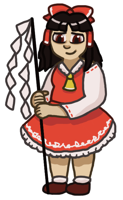 A drawing of Reimu Hakurei holding a gohei, posed like and with the expression of that frame of George from Seinfeld holding a baseball bat.