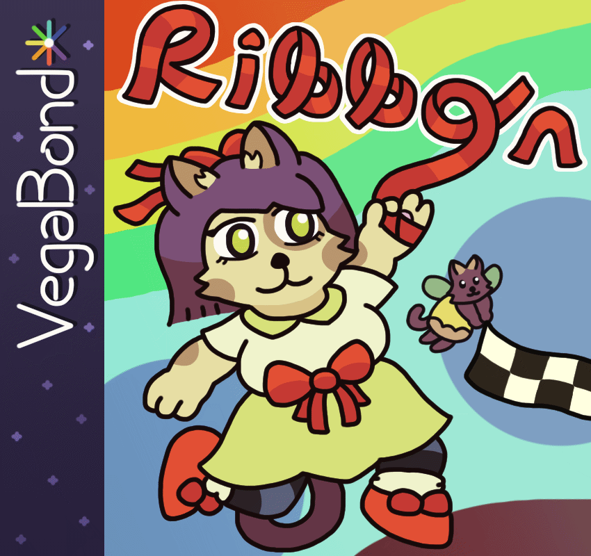 Fictional boxart for the game "Ribbon the Cat," featuring the titular anthropomorphic cat girl, whose design is akin to a Sonic character. She's leaping and swinging out a red ribbon wrapped around her paw, which curls to form the "o" in the "Ribbon" logo (the other letters also being made from ribbons). Ahead of her hovers a tiny cat with fairy wings and a dress, holding up one end of a checkered goal tape. There's a vivid wavy rainbow in the background, and the left stripe on the box has a starry blue background and a "VegaBond" logo.