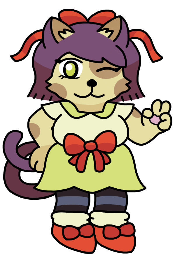 An anthropomorphic cat in a style similar to a Sonic character, winking and throwing a peace sign with a stubby paw. She has milky-white fur with brown spots and a purple tail that curls up in a spiral behind her. She has a red bow on her head with two ribbons fluttering in the air on each side, a bow around her waist separating her shirt and skirt, and little bows on her shoes.