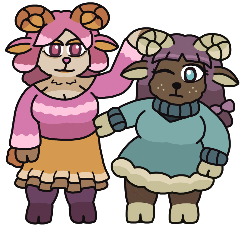 Two anthropomorphic sheep girls with curly horns, who are sisters. The big sister teasingly pats her short sister's head, to her annoyance. The big sister has a droopy-eyed smile and wears a loose pink sweater, a frilly skirt, and stockings fully covering her hooved legs. The little sister has one eye closed in annoyance, is bundled up in a fluffy coat, and lightly jabs her sister in the belly.