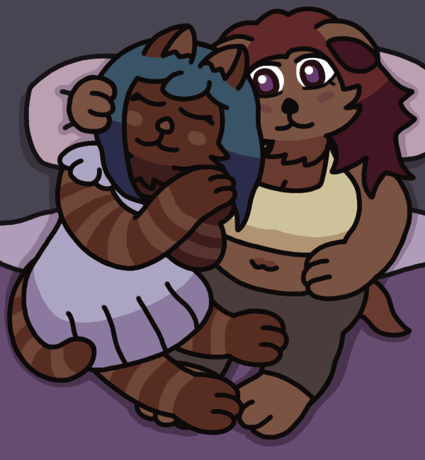 An anthropomorphic cat woman and dog woman lying in bed together on top of the sheets. The cat, wearing a nightgown and with striped fur, has her eyes closed and her paws pressed together to the side as she leans on the dog and sticks her legs out over hers. The dog, wearing a tank top and sweatpants, has an arm curled behind the cat's head and looks at her fondly.