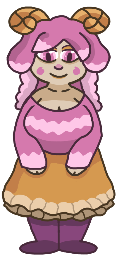 A drawing of a sleepy pink-haired lady with sheep horns and a frilly dress.