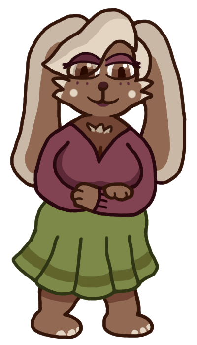 A drawing of a smug-looking bunny with big hanging ears.