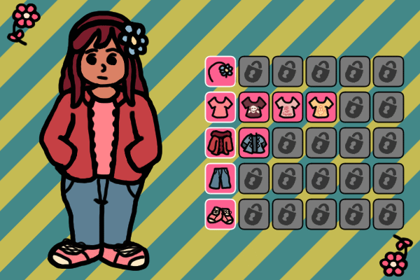 A mockup of a fictional Flash-style dressup game with Lucy from Spare Parts, but with many options "locked off"; the "head accessory," "bottoms," and "shoes" categories only have a single option, there are only two "jacket" options, and there are four "shirt" options based on the handful of shirts she wears during the game.