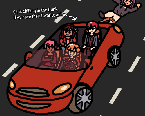 An aerial view of Unit 03 driving a red convertible with a devious look of glee. Killie sits in the seat next to her, Lucy and Unit 01 sit in the back seats, and Unit 02 is being dragged behind the car, tied to it with a rope around her leg. Also, an arrow points to the back and notes "04 is chilling in the trunk, they have their favorite anime"